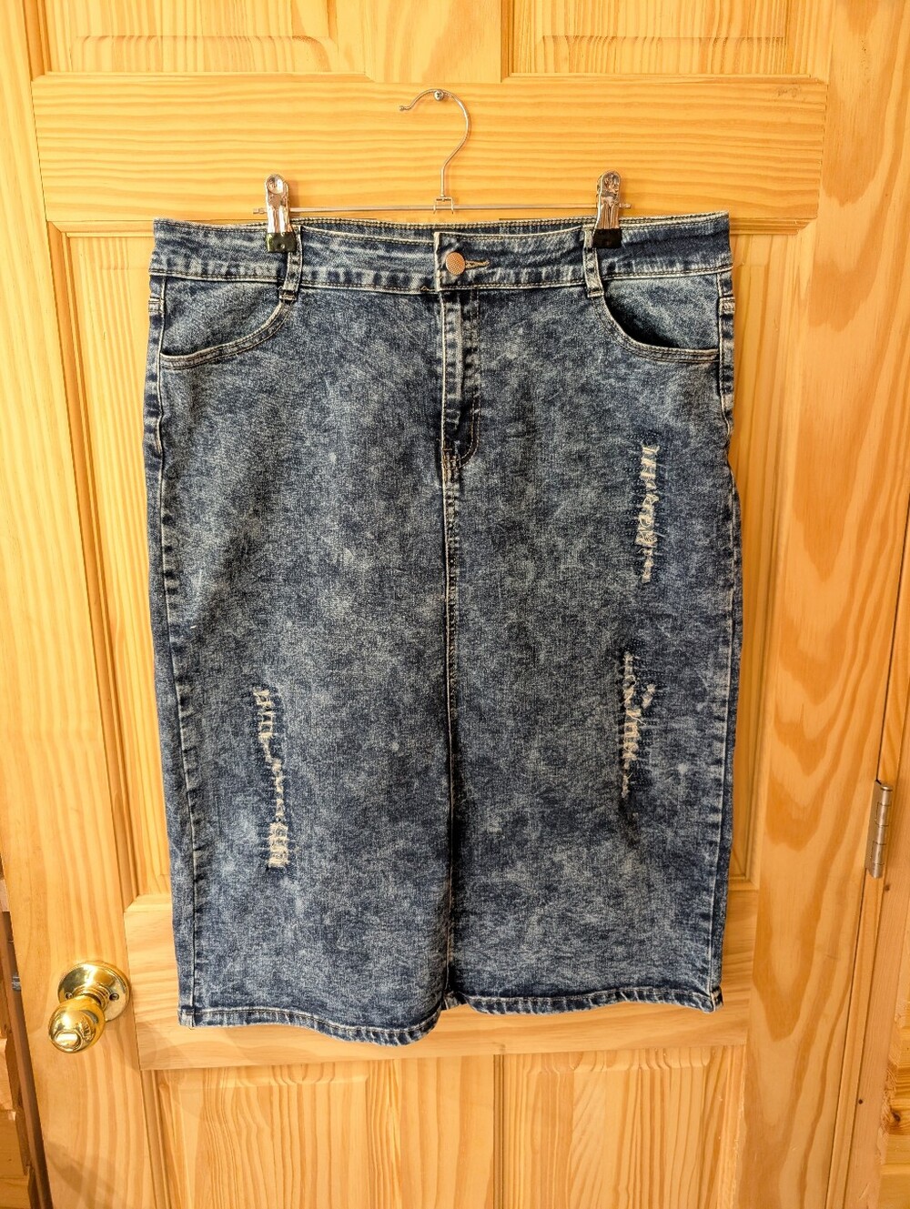 Women's Stonewashed Distressed Blue Denim Pencil Skirt